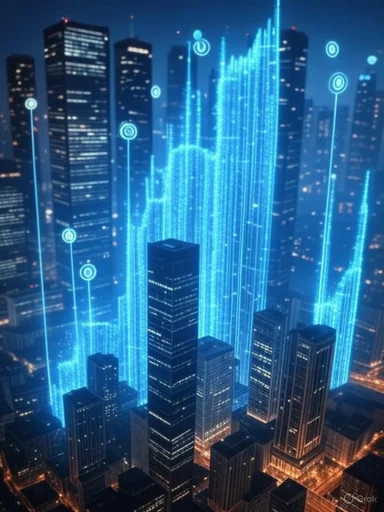 Futuristic city skyline with digital data streams and holographic indicators over skyscrapers at night. Futuristic city skyline with digital data streams and holographic indicators over skyscrapers at night.