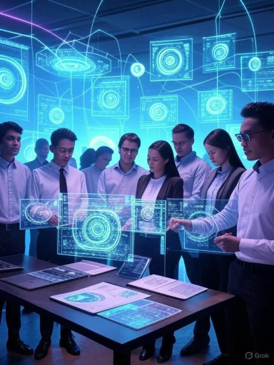 A group of professionals analyzes holographic digital displays in a futuristic high-tech environment.