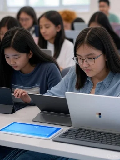Students focused on their digital devices in a classroom setting.