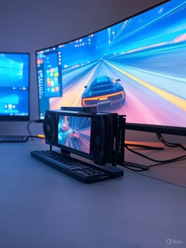 A gaming setup with a smartphone mounted on a mini stand displaying a racing game, connected to larger monitors showing similar visuals. A gaming setup with a smartphone mounted on a mini stand displaying a racing game, connected to larger monitors showing similar visuals.