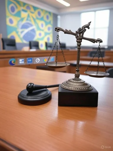 A justice scale sits on a wooden table in a conference room, with a digital screen and colorful artwork in the background.