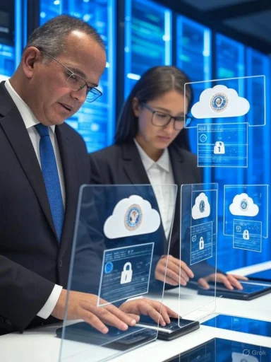 Two professionals in suits interact with transparent digital screens displaying cloud security icons in a data center. Two professionals in suits interact with transparent digital screens displaying cloud security icons in a data center.