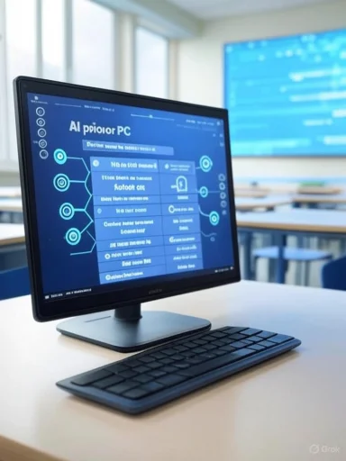 A computer monitor displays an AI-powered troubleshooting interface in a modern classroom or training room. A computer monitor displays an AI-powered troubleshooting interface in a modern classroom or training room.