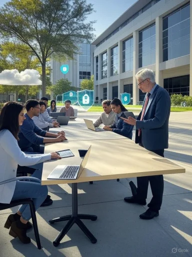 A diverse group of professionals attend an outdoor business meeting at a modern office campus.