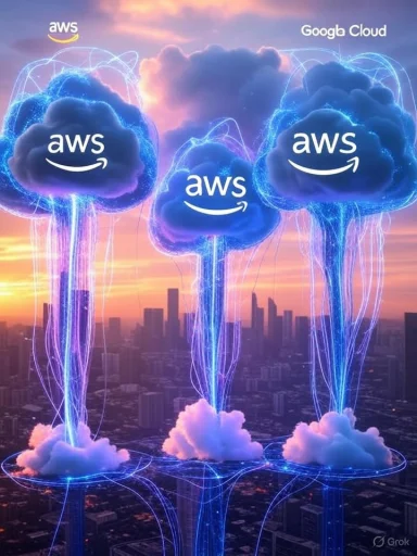 Imaginary clouds with AWS logos floating above a city skyline at sunset, connected by digital data streams.