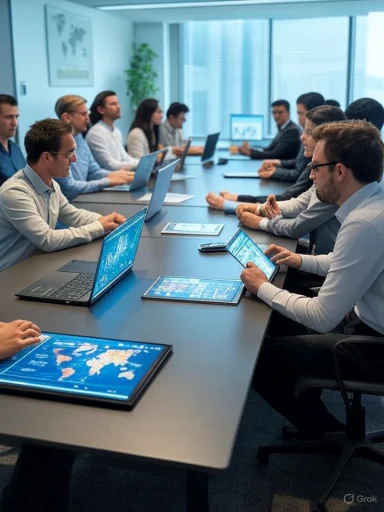 Business professionals attend a meeting around a conference table with laptops and tablets in a modern office.