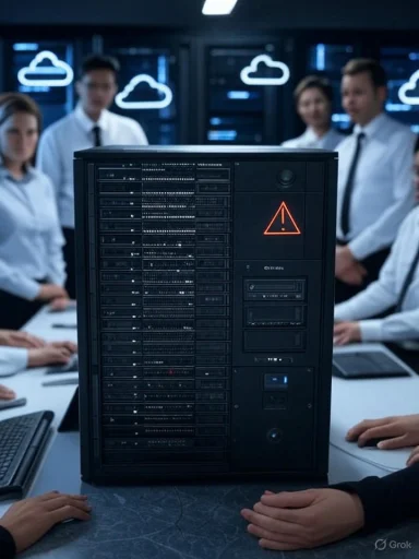 A server tower with a warning sign is surrounded by professionals in a data center or server room.