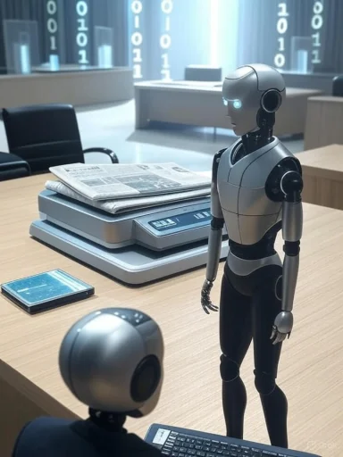 A robot stands in a modern office-like setting with digital binary code in the background, seemingly engaging in a conversation.