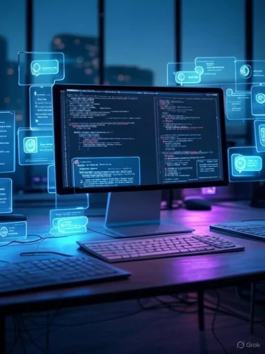 A computer workstation with multiple screens displaying code, surrounded by floating data icons in a dark, futuristic office. A computer workstation with multiple screens displaying code, surrounded by floating data icons in a dark, futuristic office.