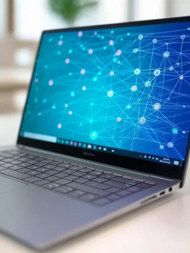 A laptop displaying a digital network or blockchain visualization on its screen.