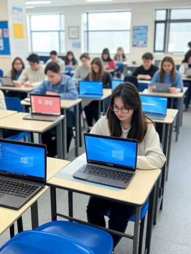 Students are taking a computer exam in a classroom with multiple laptops on their desks. Students are taking a computer exam in a classroom with multiple laptops on their desks.