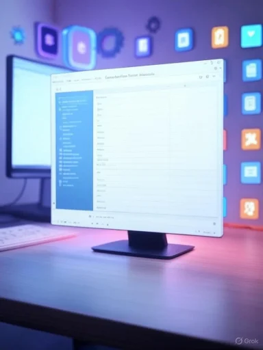 A computer monitor displays a file management window in a workspace with colorful app icons on the wall behind.