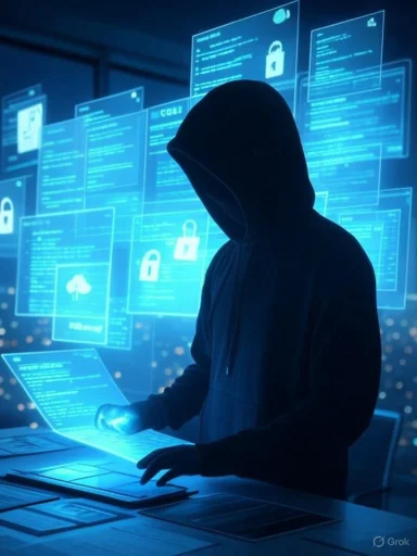 A hooded hacker using a laptop surrounded by digital security holograms and code overlays.