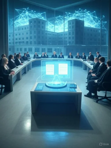 A futuristic virtual meeting room with holographic displays and a digital cityscape backdrop.