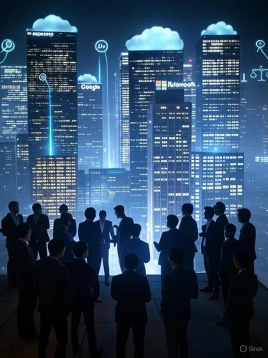 Businesspeople in suits shaking hands and discussing in front of a illuminated futuristic cityscape with tech logos and icons.