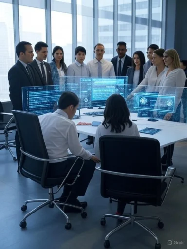 A diverse group of professionals reviews futuristic digital data displayed on transparent screens in a modern office.