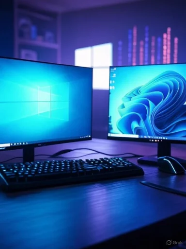 Dual computer monitors with illuminated screens display a tech setup in a dimly lit, modern workspace.