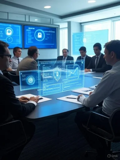Business professionals in a modern conference room using holographic digital security displays.