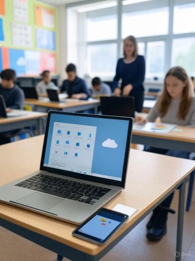 A classroom with students working on laptops, and a teacher standing near the window, with a focus on a laptop and smartphone on a desk.