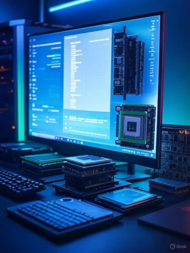 A tech workspace with a monitor displaying hardware components and stacked circuit boards, illuminated by a blue glow.