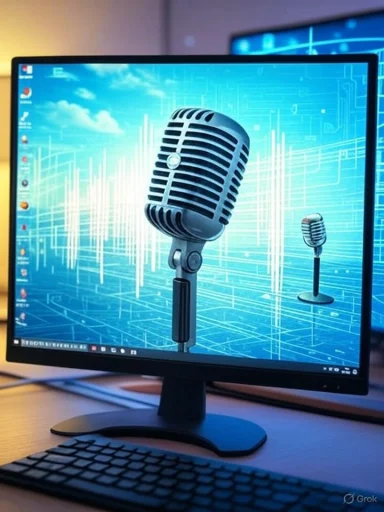 Computer screen displays a digital background with a large vintage microphone and a smaller microphone icon.