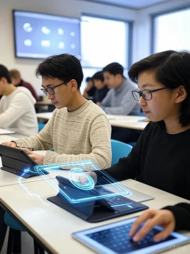 Students use digital devices in a classroom, with holographic interface elements projected over tablets.