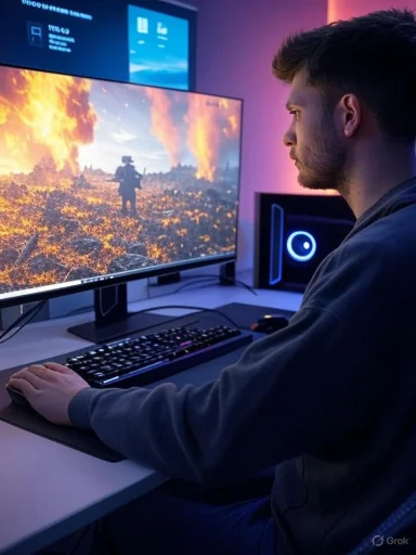 A person playing a video game on a large monitor, depicting a soldier amid a fiery battlefield. A person playing a video game on a large monitor, depicting a soldier amid a fiery battlefield.