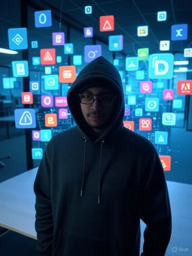 A person in a hoodie stands in front of a digital display with floating colorful app icons in a dark, futuristic setting. A person in a hoodie stands in front of a digital display with floating colorful app icons in a dark, futuristic setting.