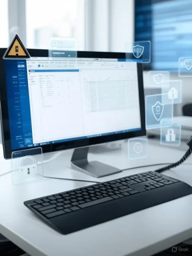 A computer workstation with security icons floating around, indicating cybersecurity or data protection measures.