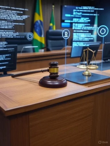 A judge's gavel, balance scales, and digital screens in a courtroom with Brazilian flags in the background.