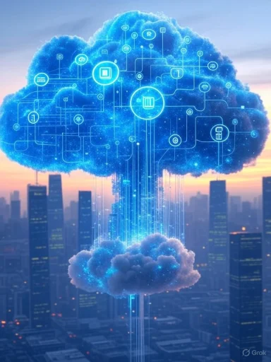 A digital cloud with interconnected icons hovers over a city skyline, symbolizing cloud computing and data connectivity. A digital cloud with interconnected icons hovers over a city skyline, symbolizing cloud computing and data connectivity.