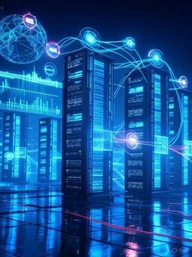 Futuristic data centers with interconnected digital networks and holographic displays, glowing in blue neon.