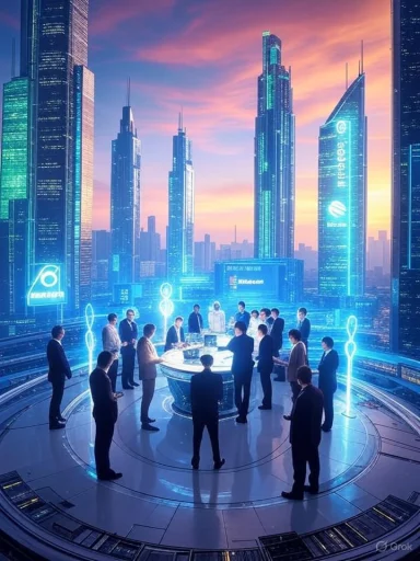 A futuristic business meeting takes place in a hologram-filled cityscape with towering skyscrapers at sunset.