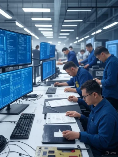 Young engineers work at multiple computer stations in a high-tech lab focused on software development or data analysis.