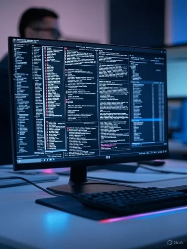 A person working on a dual-monitor setup with code and data displayed, in a dimly lit environment.