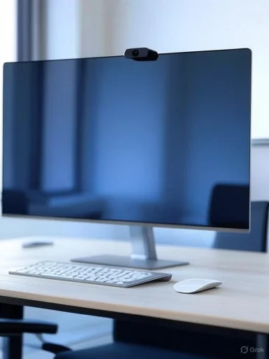 A modern workspace with a sleek computer monitor, keyboard, and mouse on a light-colored desk.