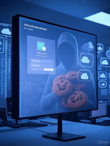 A hacker disguised as a person in a hoodie holding cookies, with a digital interface on a screen and cloud icons in the background.