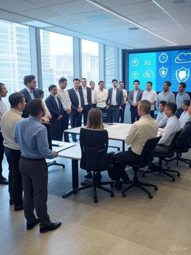 A diverse group of professionals in formal attire attend a corporate meeting in a modern office with city views.