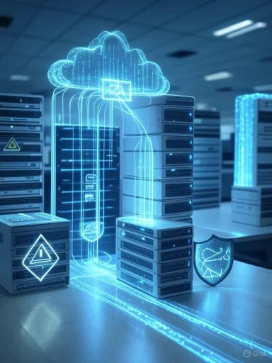 Digital hologram of cloud storage and data security symbols over server racks in a data center.
