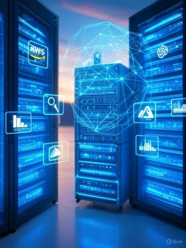 A digital network within server racks, featuring floating icons representing data analysis and cloud computing.