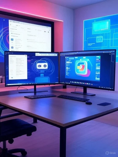 A modern workspace with dual monitors displaying digital designs and a large wall screen in a neon-lit, tech-inspired environment.