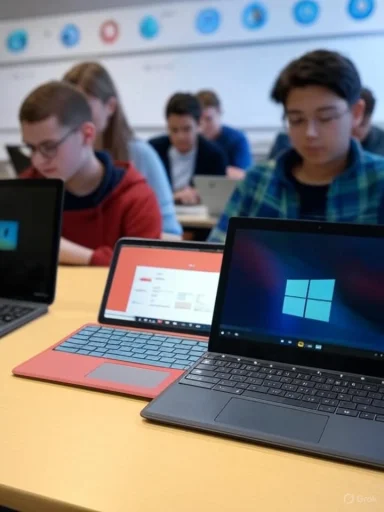 Students in a classroom working on laptops with Windows operating systems.