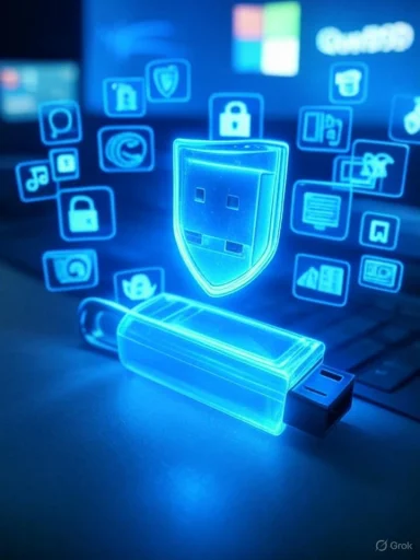 A glowing digital illustration of a USB flash drive and shield with app icons in the background, symbolizing data protection.