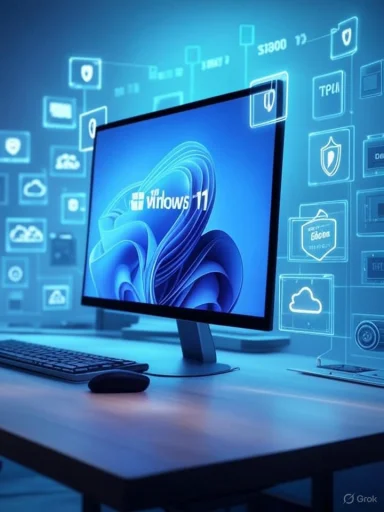 A computer monitor displays Windows 11 with digital icons and graphics surrounding it in a futuristic tech setting.