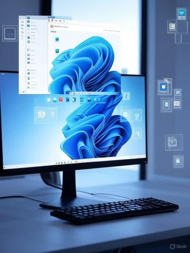 A computer monitor displays a Windows 11 desktop with floating app icons and a digital workspace theme. A computer monitor displays a Windows 11 desktop with floating app icons and a digital workspace theme.