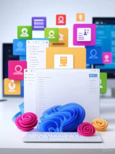 A colorful digital workspace with floating icons, a computer screen, and 3D paper art resembling clouds and roses.
