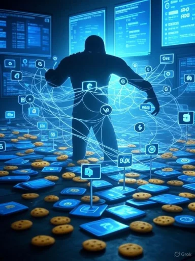 A person interacts with multiple floating social media icons and digital screens, surrounded by scattered cookies and a futuristic digital environment.
