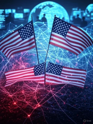 Multiple American flags are displayed against a digital, interconnected global network background. Multiple American flags are displayed against a digital, interconnected global network background.