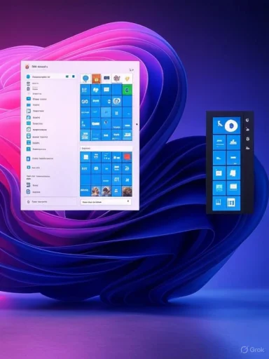 A computer screen and a mobile device showing the Windows 11 start menu and tiles against a colorful, abstract background.