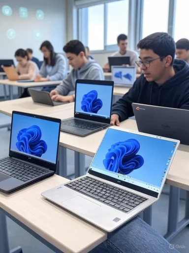 Students in a classroom using laptops with Windows 11 operating system. Students in a classroom using laptops with Windows 11 operating system.
